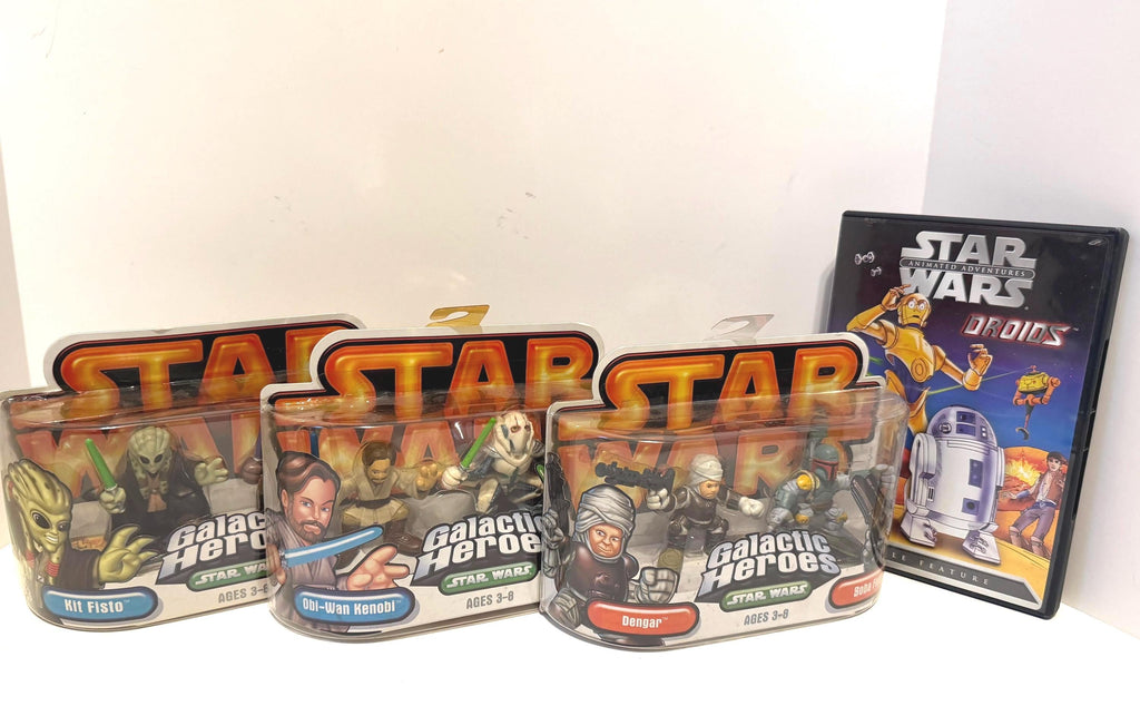 Star Wars Galactic Heroes lot of 3 figure sets + DROIDS double feature DVD movie