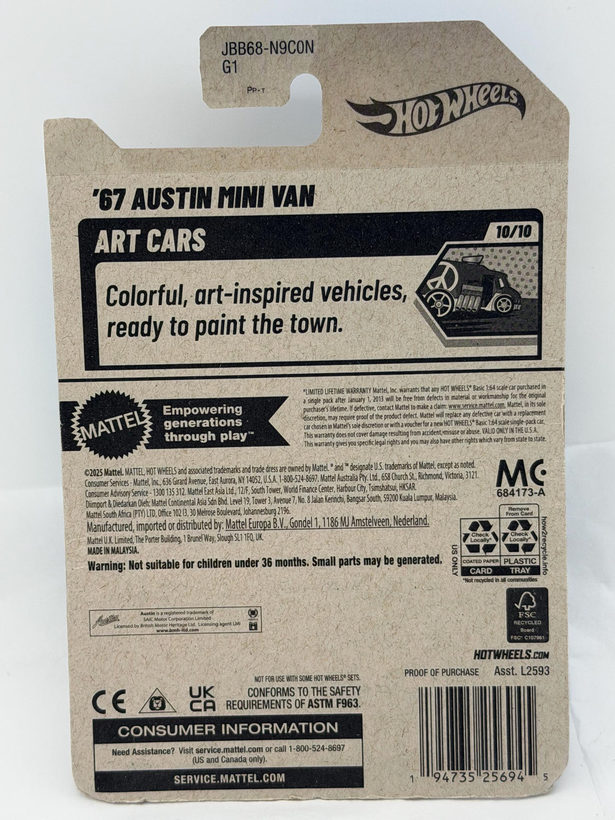Hot Wheels  ‘67 Austin Mini Van Union Jack die cast Art Cars on card