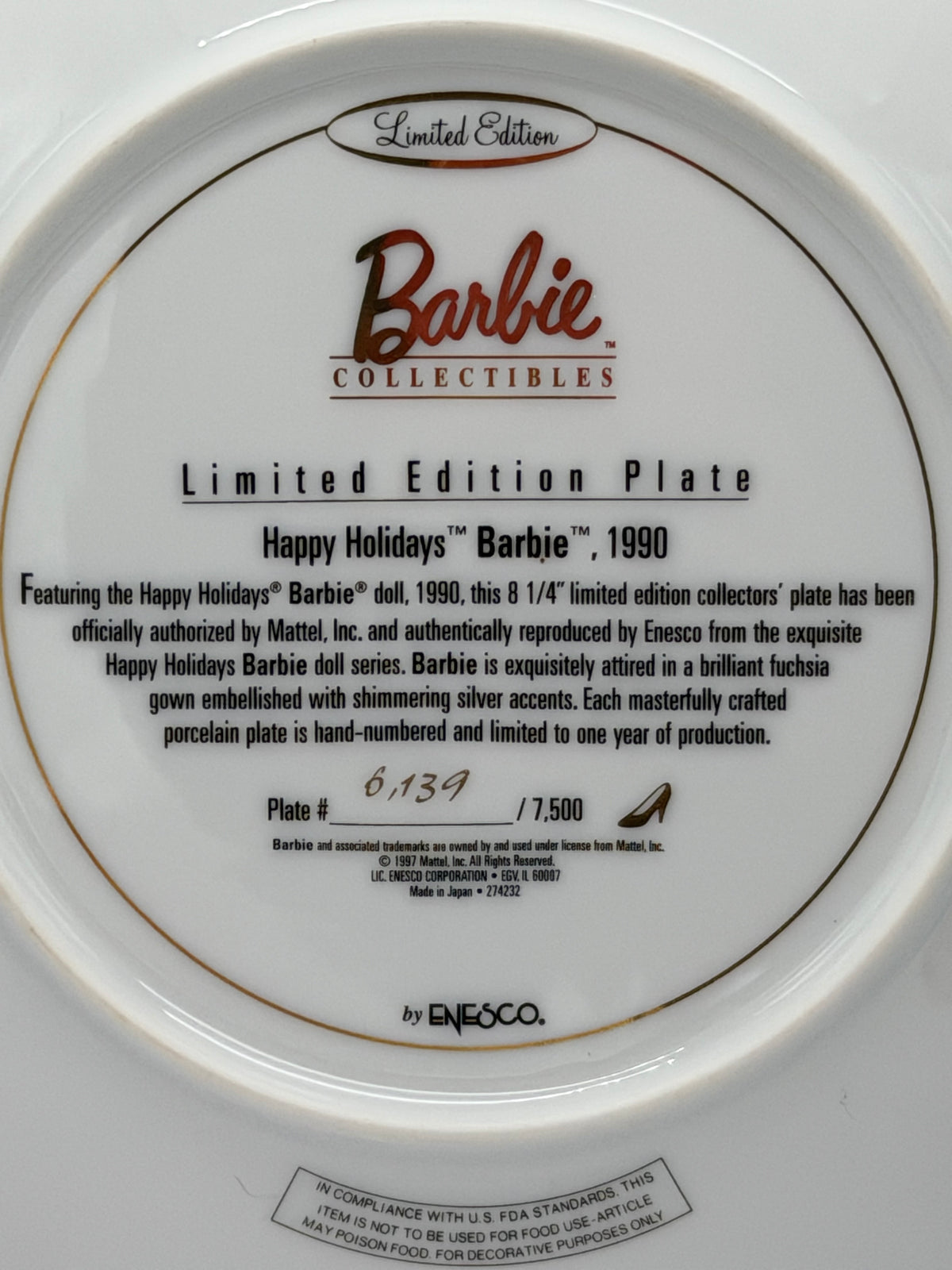 1990 Happy Holidays Barbie collector plate with numbered certificate