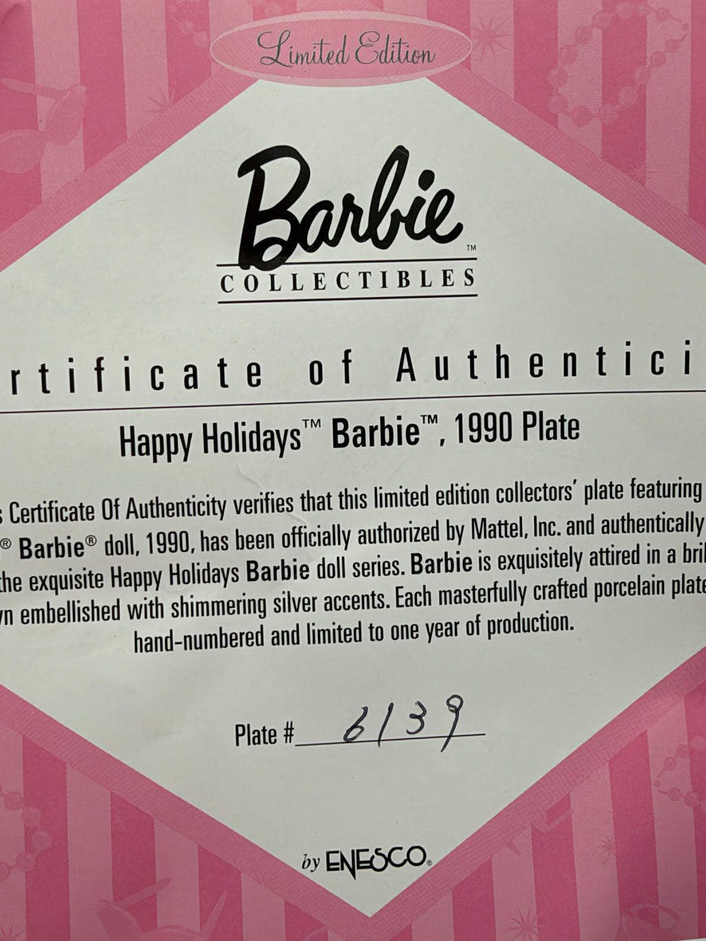 1990 Happy Holidays Barbie collector plate with numbered certificate