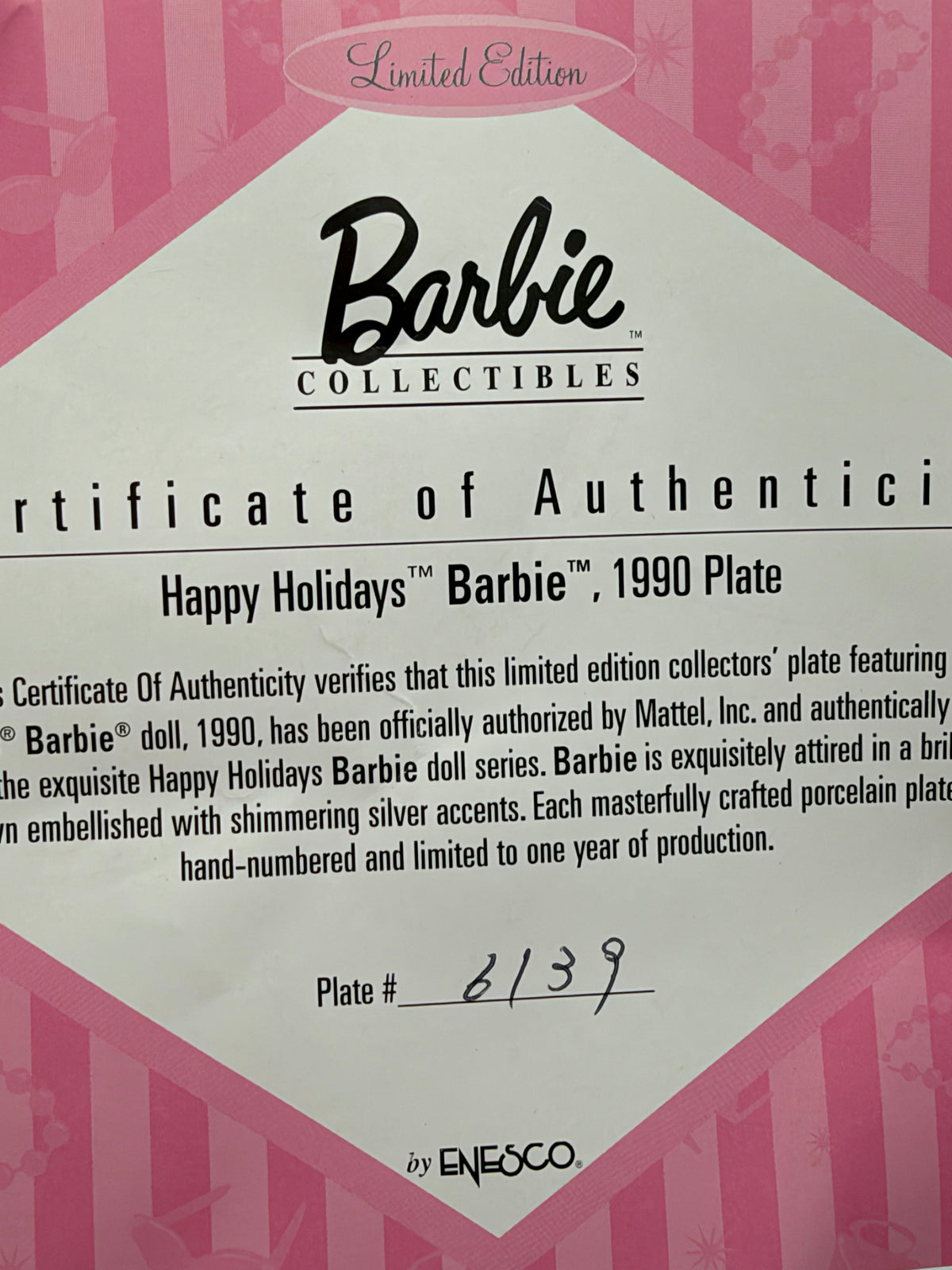 1990 Happy Holidays Barbie collector plate with numbered certificate