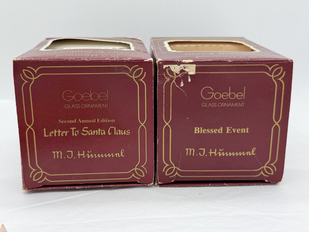 Vintage Hummel Glass Ornaments Set: 1984 'Letter to Santa', 'Blessed Event'
