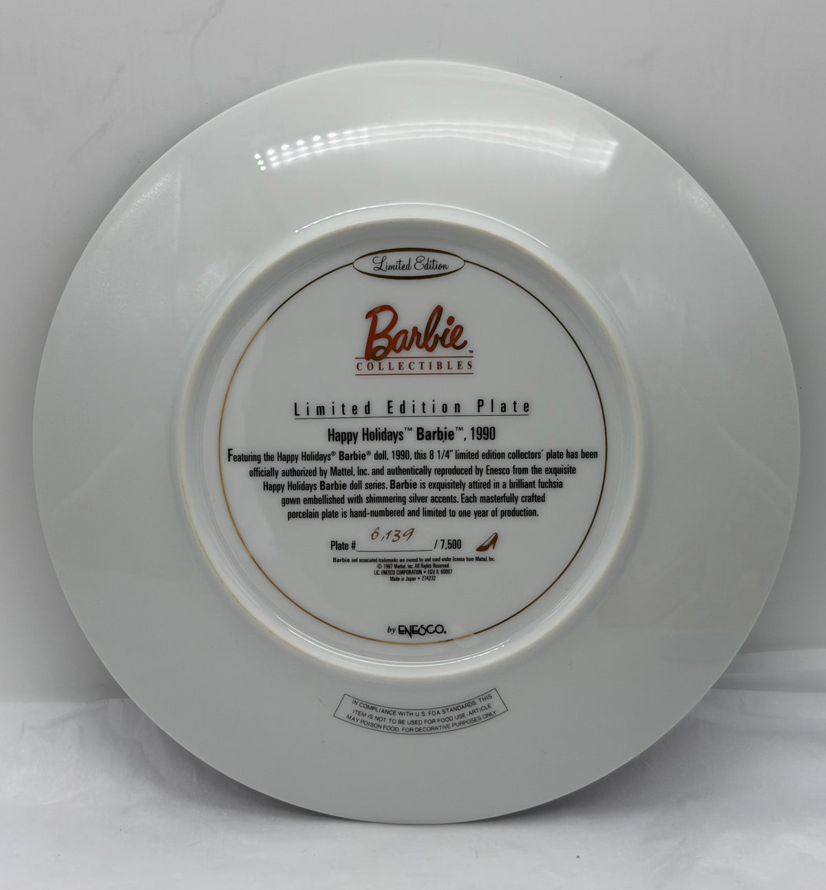 1990 Happy Holidays Barbie collector plate with numbered certificate