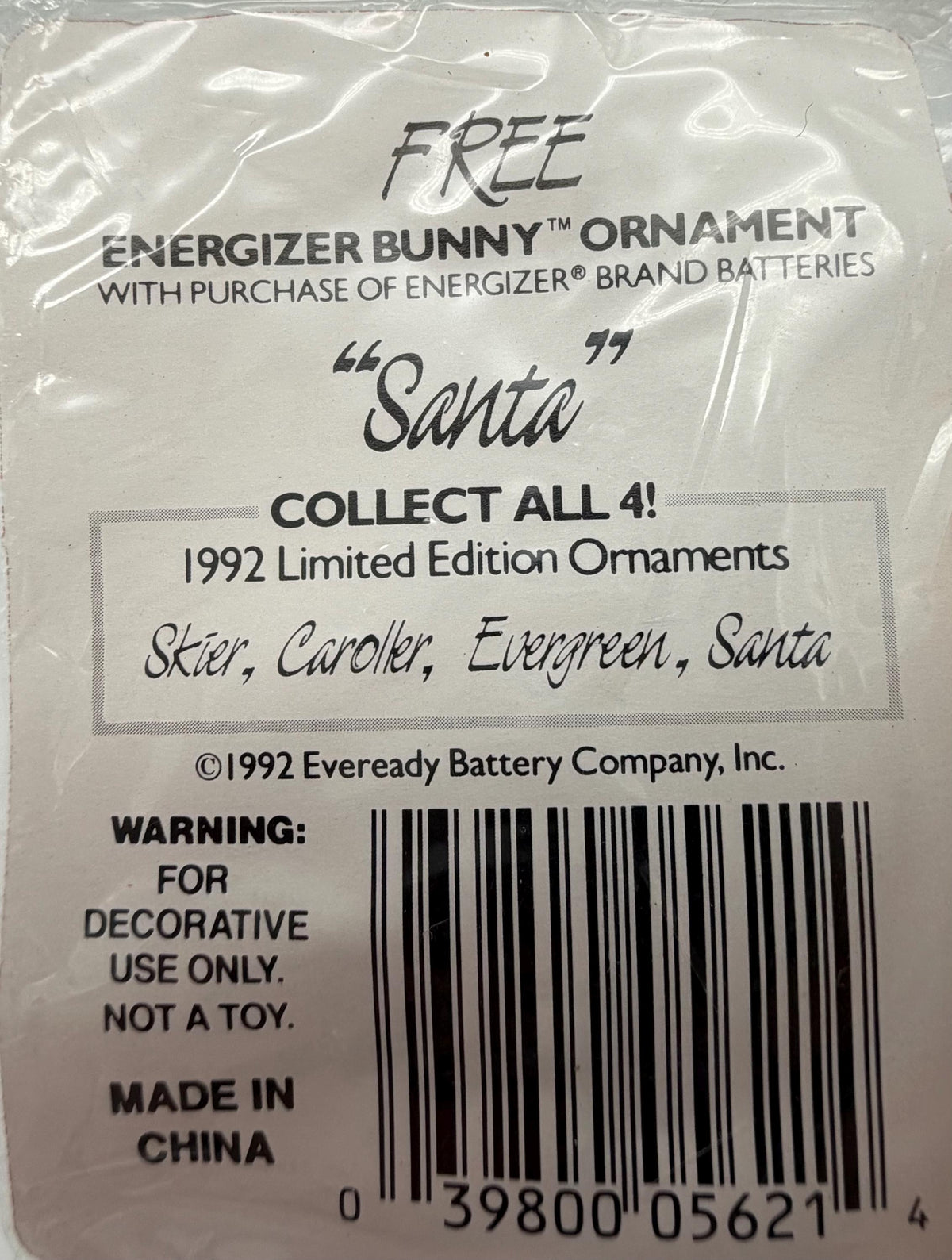 1992 Energizer Bunny battery mail away Christmas Santa ornament  (loose)