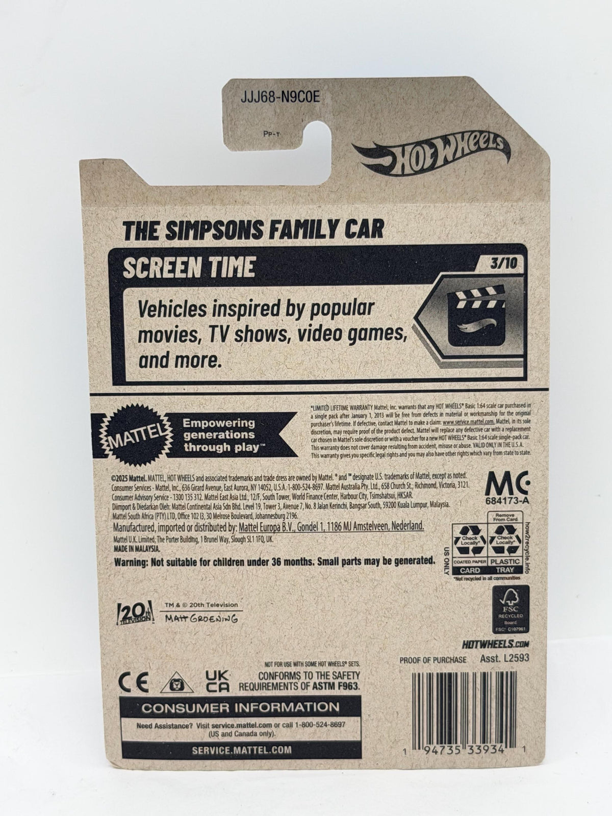 Hot Wheels Screen Time Simpsons car die cast on card