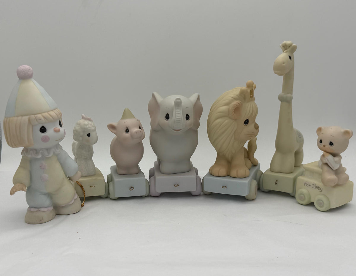 Vintage 1980s porcelain Precious Moments children’s birthday circus animal train set -flawed