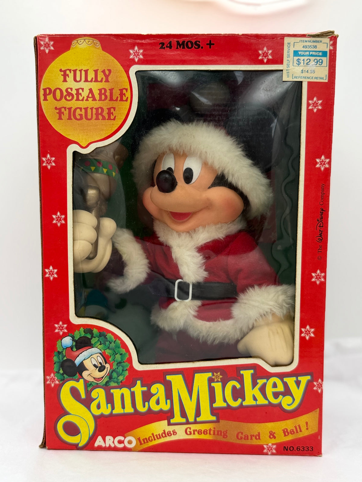 Vintage ARCO Toys Disney Mickey Mouse Santa Mickey bell ringer poseable figure