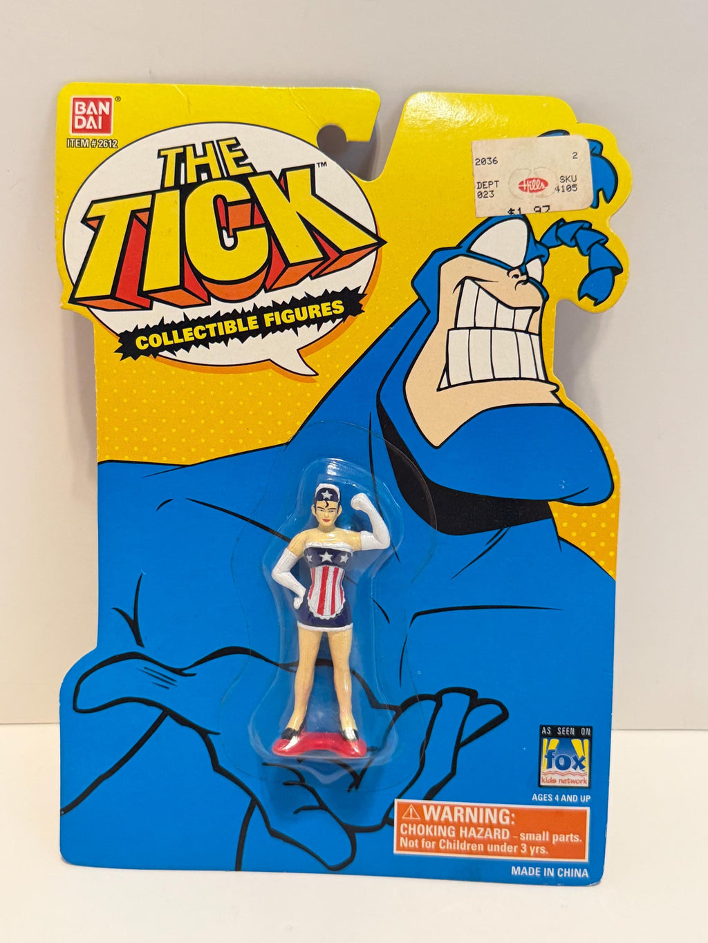 Vintage 90s mini The Tick American Maid figure on card