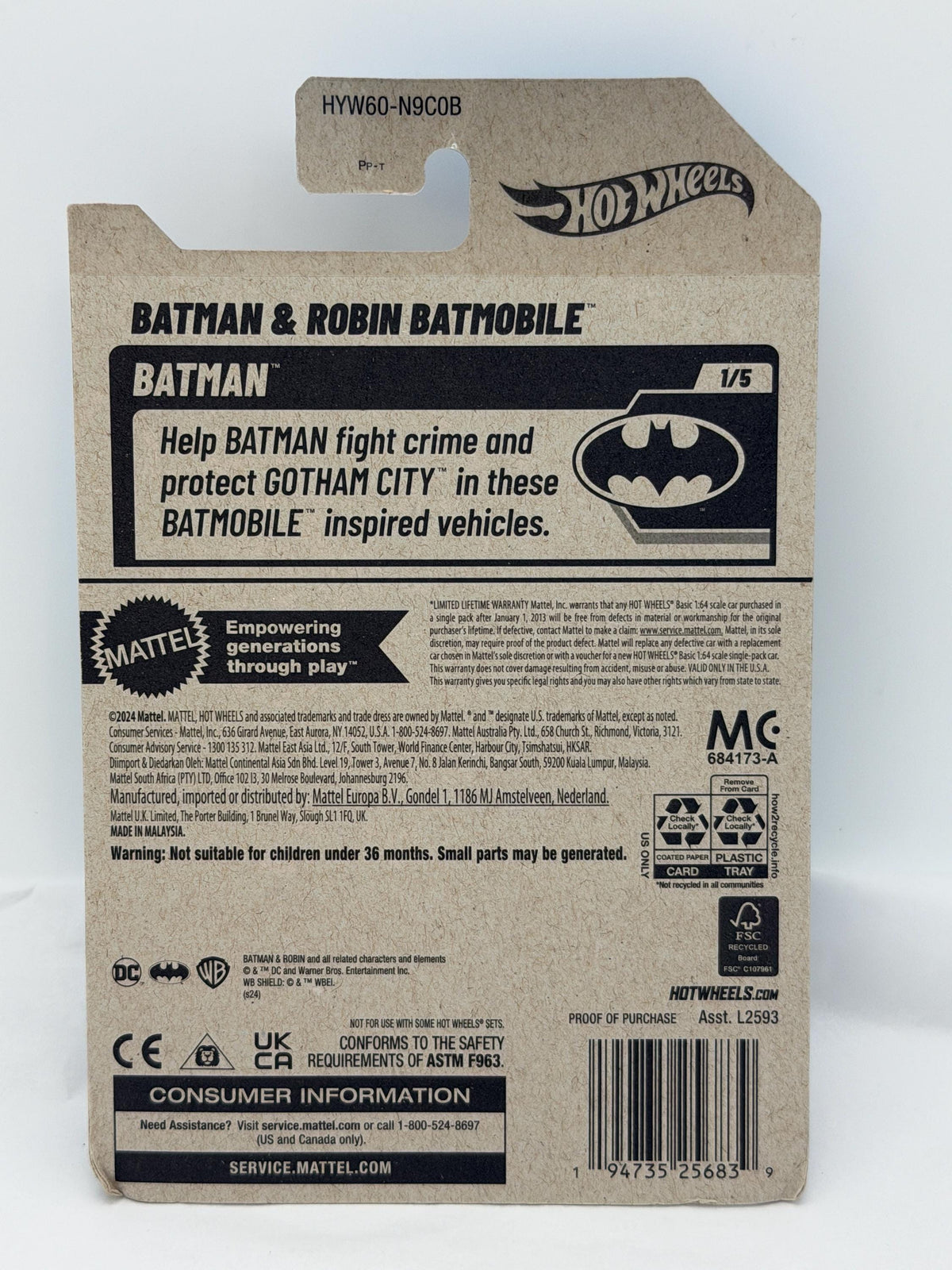 Hot Wheels Batman and Robin Batmobile die cast car on card