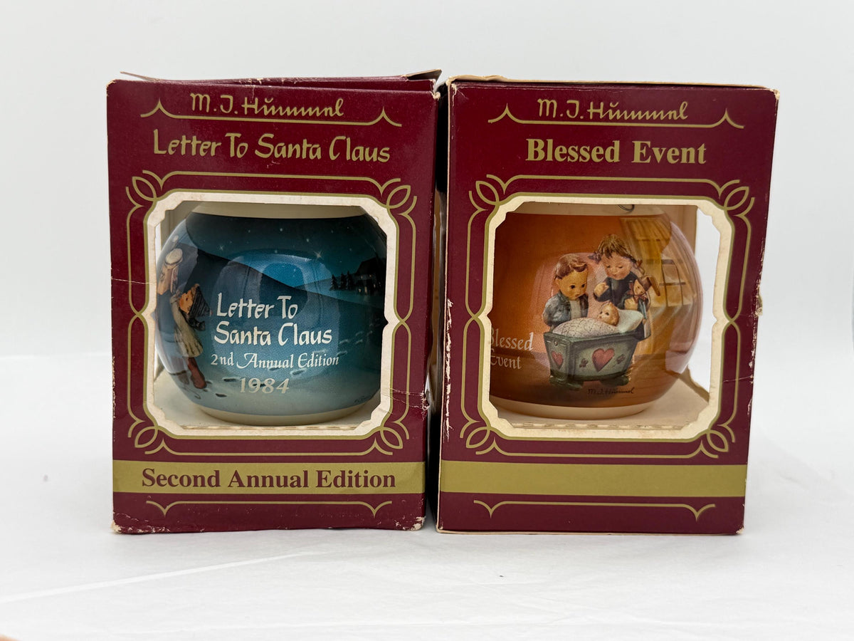 Vintage Hummel Glass Ornaments Set: 1984 'Letter to Santa', 'Blessed Event'