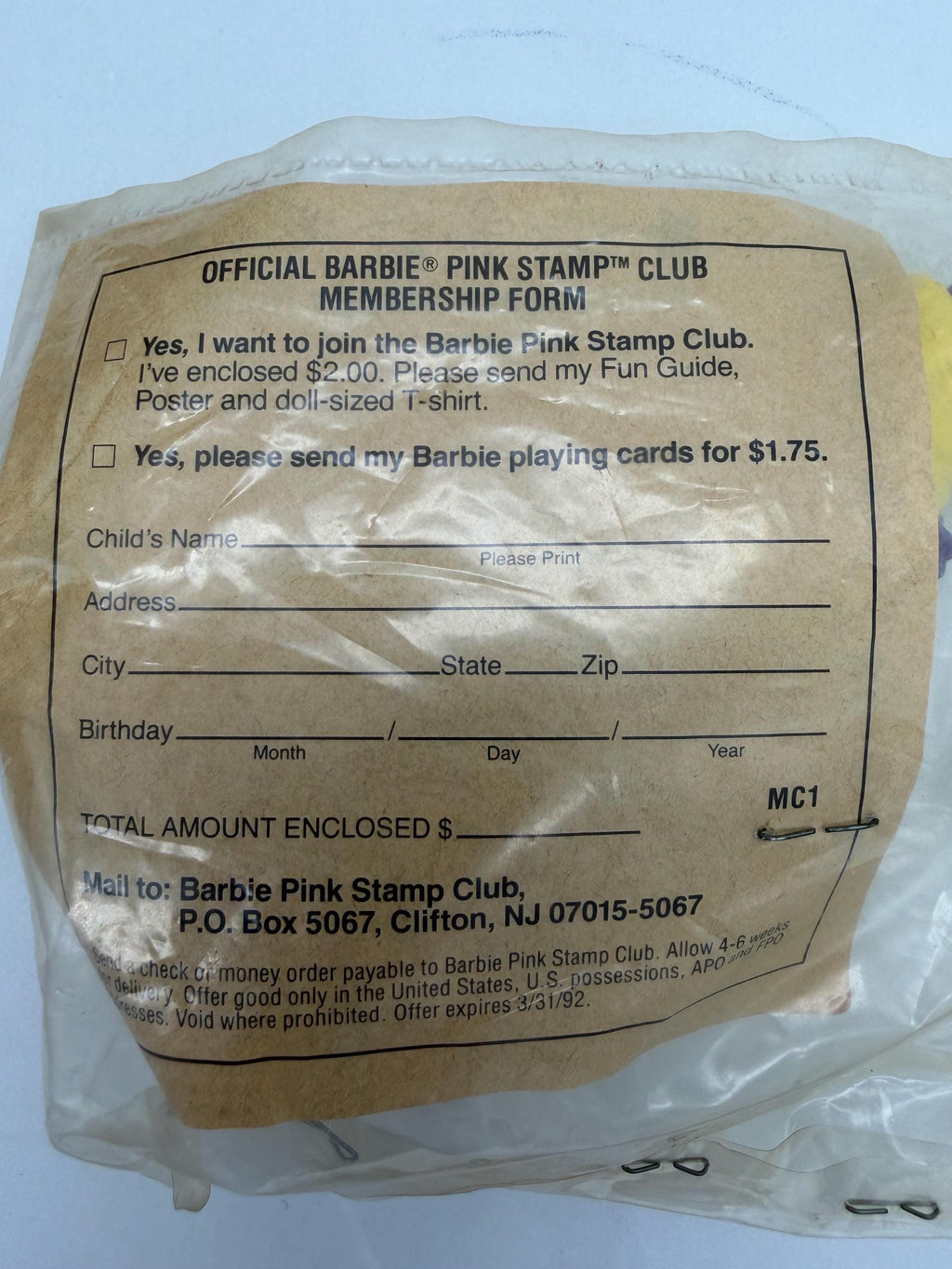 Vintage McDonalds Happy Meal toy Ice Capades Barbie figure with Stamp Club form insert