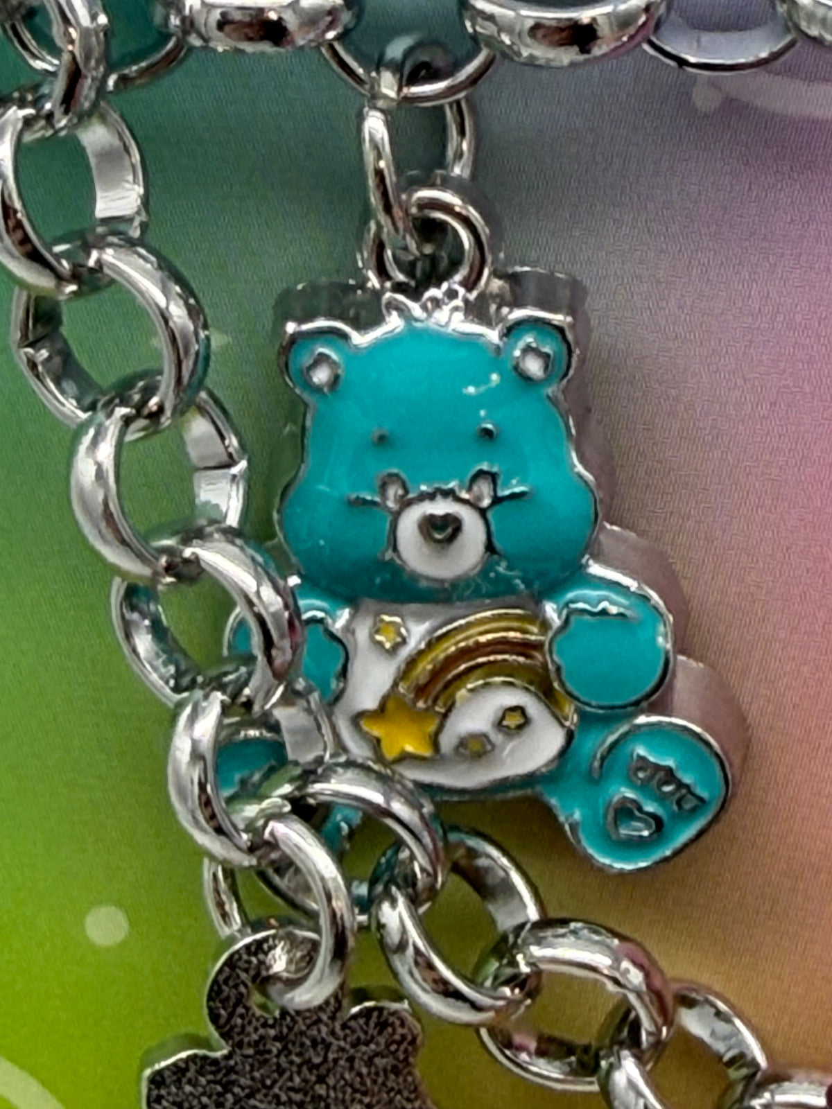 Care Bears Silvertone Charm Bracelet – Enamel Cheer, Wish, Grumpy, Friend Bears