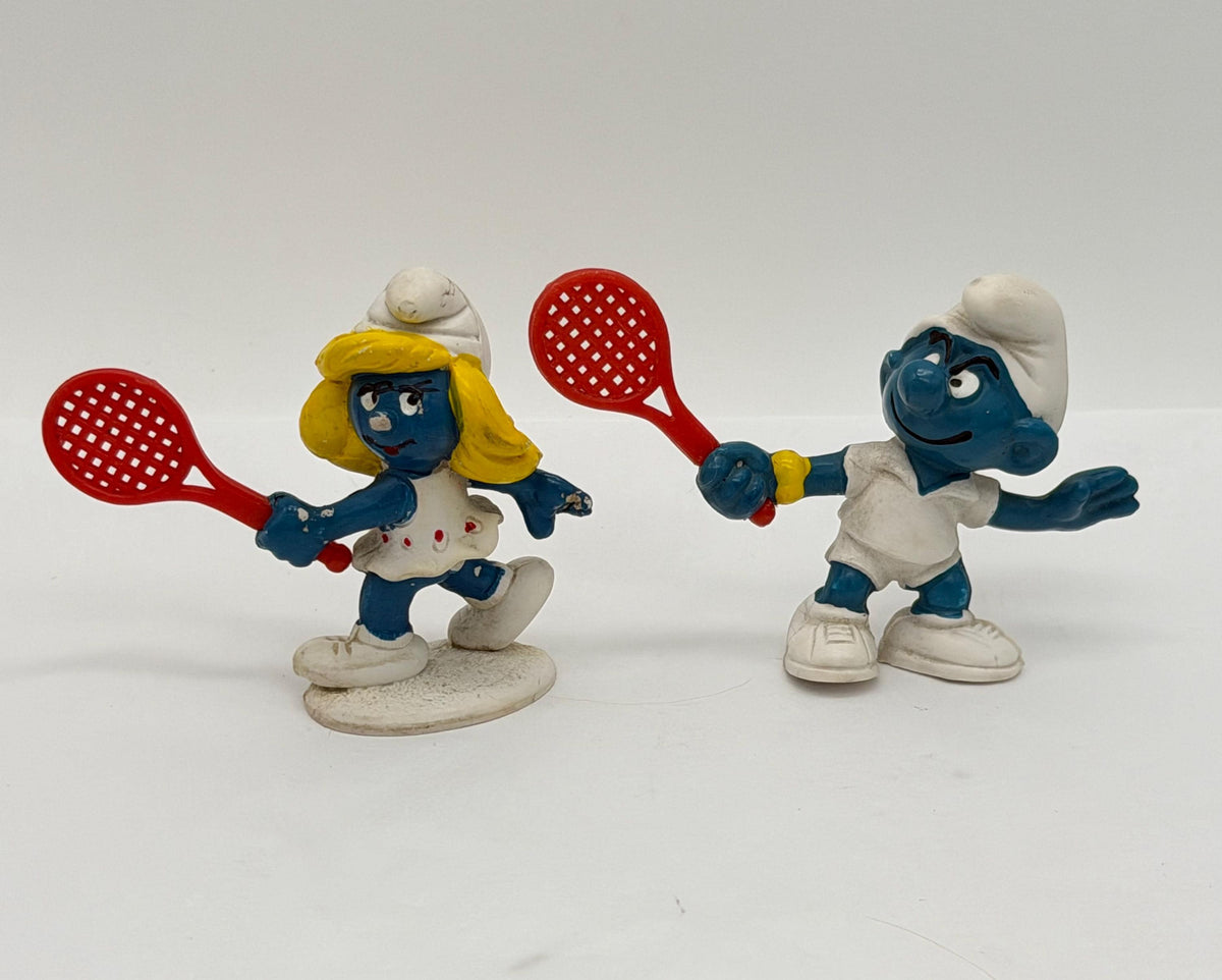 1980s Smurfs Tennis Smurf and Smurfette by Schleich Peyo pvc minis