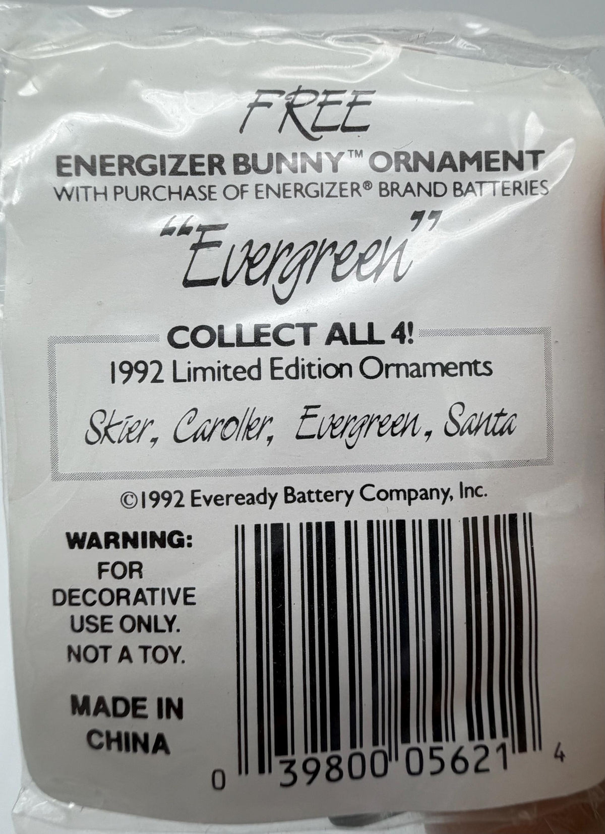 1992 Energizer Bunny battery mail away Christmas ornaments- Santa and Evergreen