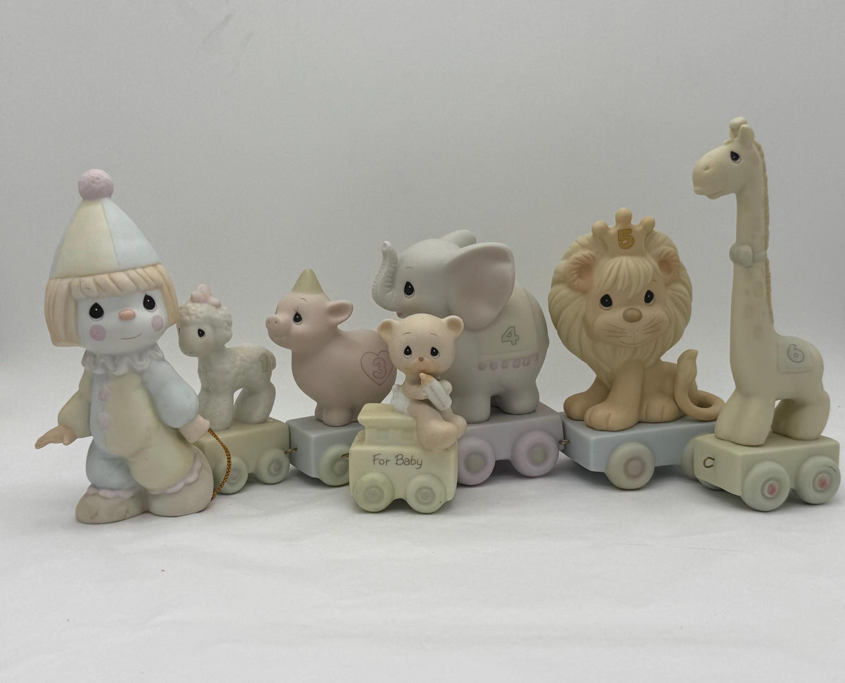 Vintage 1980s porcelain Precious Moments children’s birthday circus animal train set -flawed