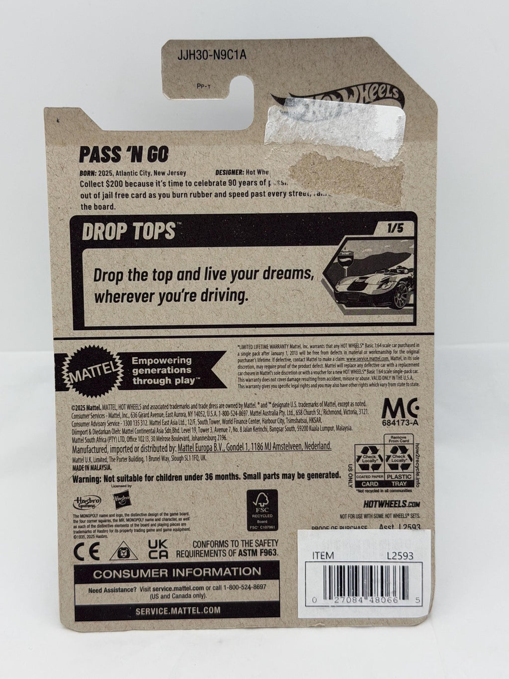 Monopoly 90th anniversary Pass ‘n Go Hot Wheels  die cast game piece car on card